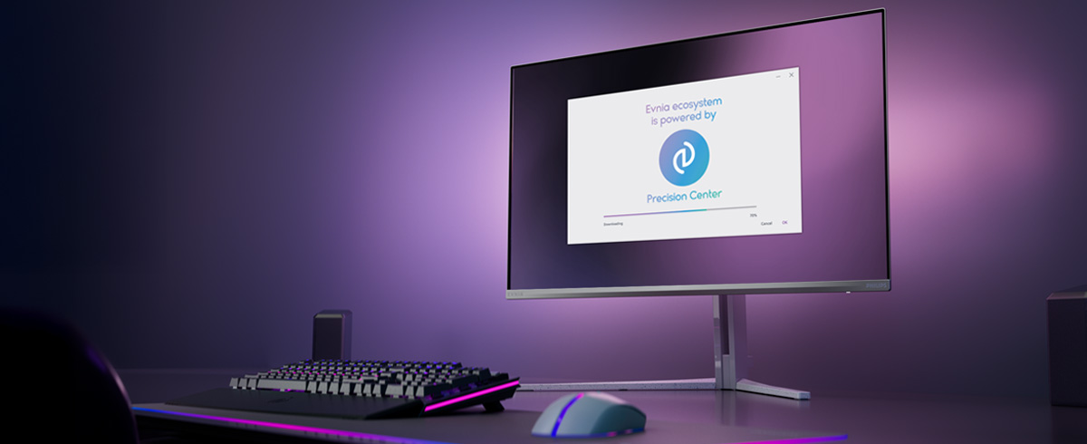 Philips Evnia-skjerm satt opp for Precision-senter
