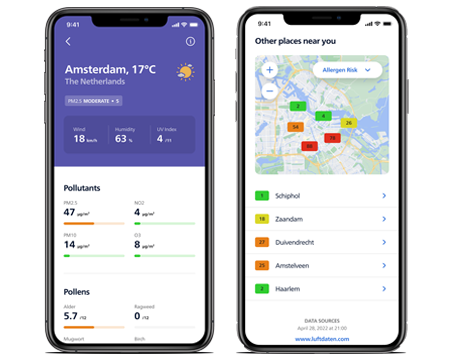 Telefonskjermer som viser utendørsdata i Air+-appen